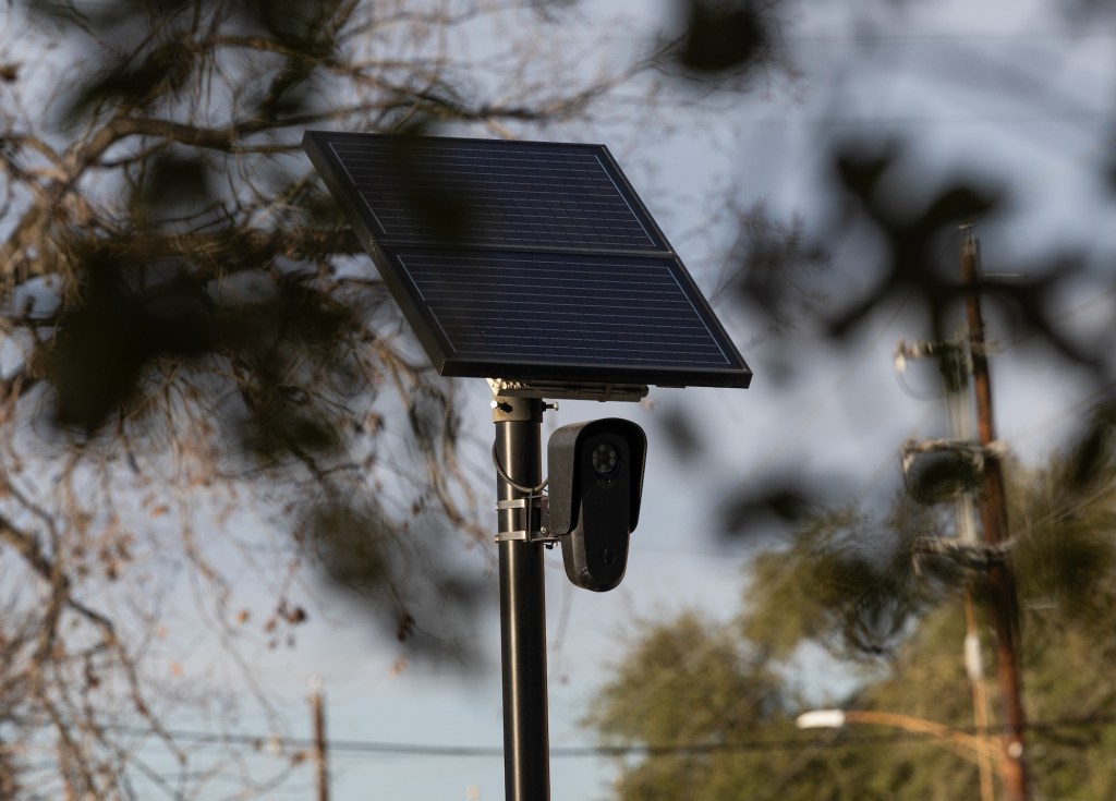 A Flock surveillance camera in Houston, Texas, US, on Wednesday, Feb. 4, 2026. Flock counts more than 6,000 customers that are using its license plate readers, camera-equipped drones, gunshot detection devices and software, with customers in every state except Alaska. Photographer: Antranik Tavitian/Bloomberg via Getty Images