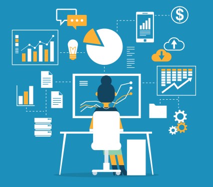 Drawing depicting Data monitoring and analysis concept with woman sitting at computer looking at data and various tables and graphs surrounding it.