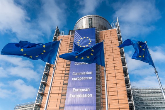 European Union flags waiving in front of Berlaymont building in Brussels