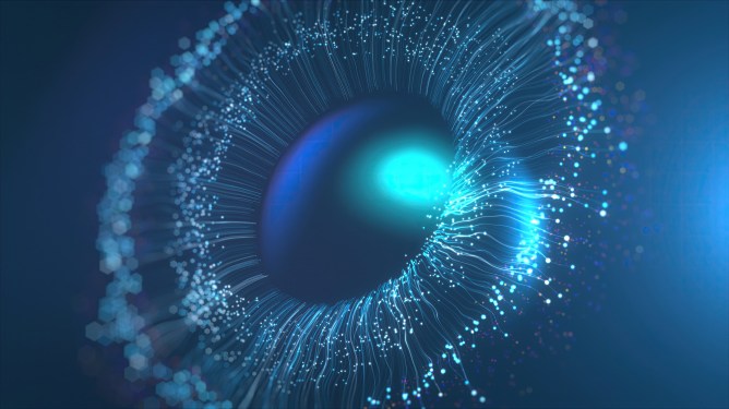 close-up of the eye as if looking through a magnifying glass at the world map. The eye is made up of digital pixels and have a realistic texture and shading. The map is rendered in a flat, two-dimensional style with different colors representing different regions of the world.