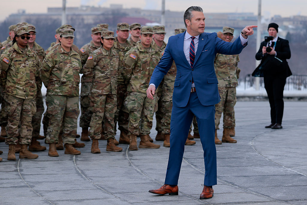 Secretary of War Pete Hegseth address a group of National Guard troops