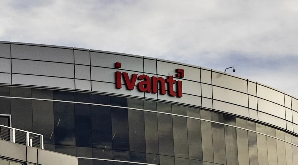 A building featuring Ivanti's logo in red on the top of the building.