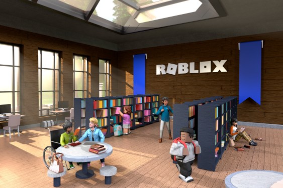 Roblox avatars in a library room in front of the company logo.