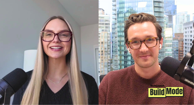 A split image with a woman on the left and a man on the right both tlking into microphones. Logo for the Build Mode podcast in the lower right corner.