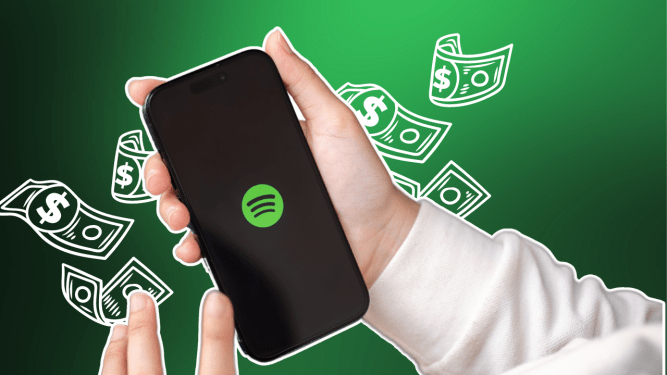 Spotify logo on mobile phone with cartoony dollar bills floating in background