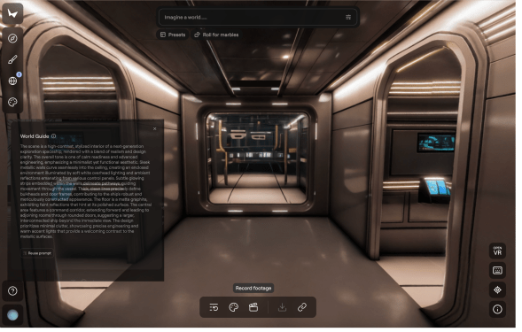 Space ship environment created in Marble with text prompt overlayed. Note how the lights are realistically reflected in the hub's walls.